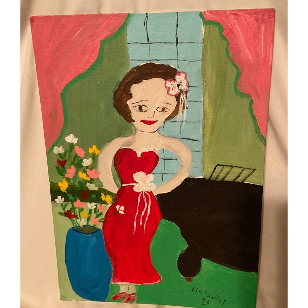 8x10 Folk Art Painting Signed by Lida Holley unframed Acrylic Canvas 1910-1987